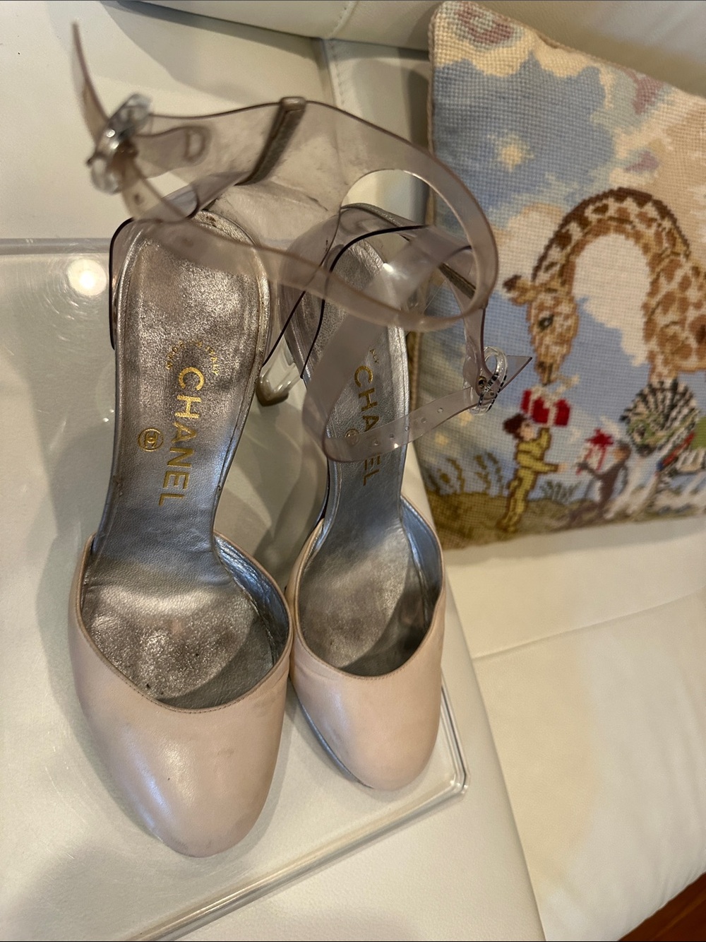 CHANEL Beige Leather Pumps with Clear Ankle Strap - Picture 9 of 16